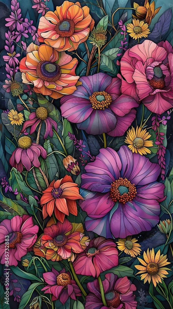 A colorful painting of a flower garden with a variety of flowers including daisi A colorful painting of a flower garden with a variety of flowers including daisi