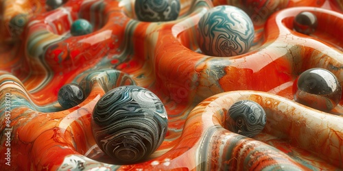 an animation featuring marbled and metallic spheres racing through a labyrinth photo