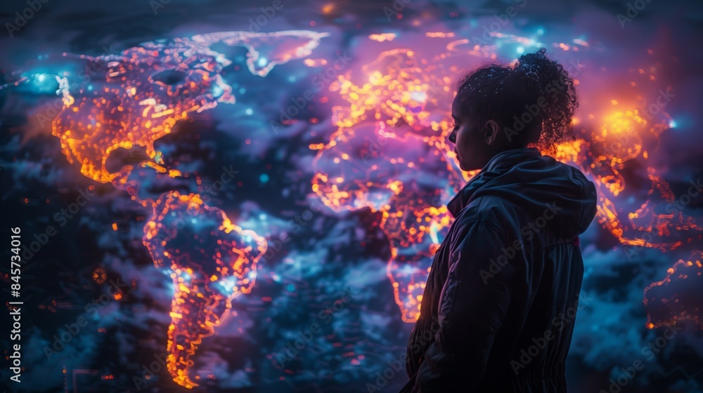 A young girl stands in awe, gazing at a holographic world map that displays the continents in vibrant, glowing colors. A young girl stands in awe, gazing at a holographic world map that displays the continents in vibrant, glowing colors.