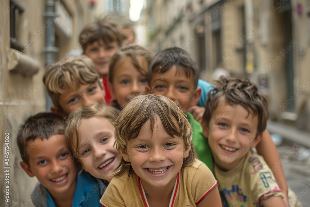 Portrait of group of children looking at camera in the street. Portrait of group of children looking at camera in the street.