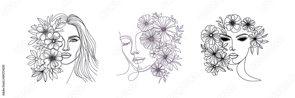 Set of Woman face with flowers continuous one line style illustration, isolated over on transparent white background Set of Woman face with flowers continuous one line style illustration, isolated over on transparent white background