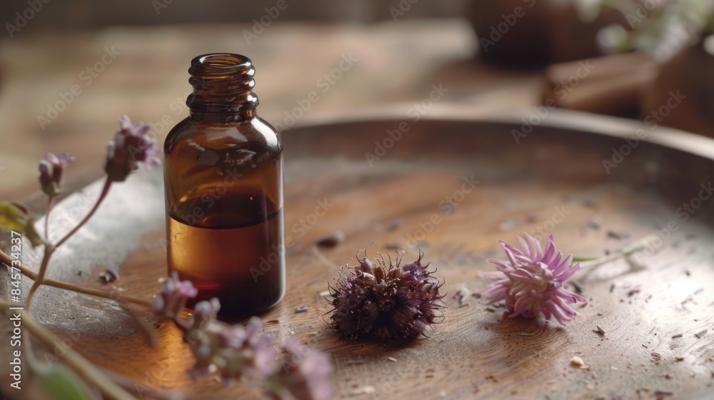 A bottle of essential oil sits on top of a wooden table, perfect for a spa or wellness setting A bottle of essential oil sits on top of a wooden table, perfect for a spa or wellness setting