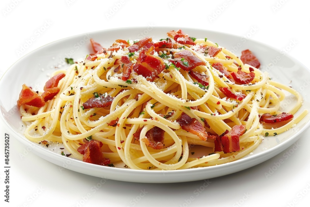 A plate of spaghetti with crispy bacon and melted parmesan cheese, great for food photography or as an image for recipe websites A plate of spaghetti with crispy bacon and melted parmesan cheese, great for food photography or as an image for recipe websites