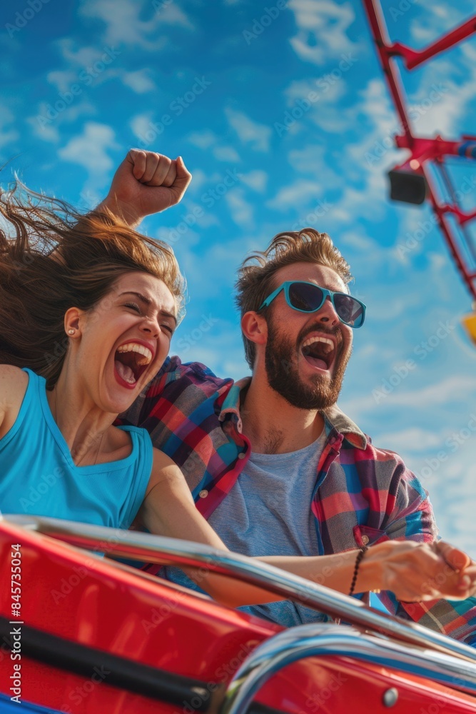 Obraz premium A couple enjoying a thrilling ride on a roller coaster