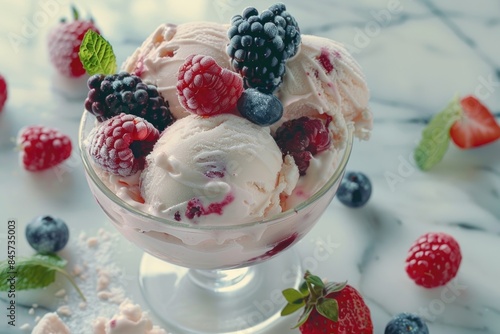 A colorful bowl of fresh berry ice cream topped with green mint leaves, perfect for a sweet treat