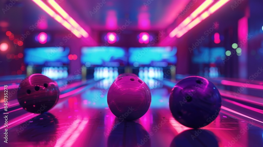 Three bowling balls resting on the floor of a bowling alley Three bowling balls resting on the floor of a bowling alley