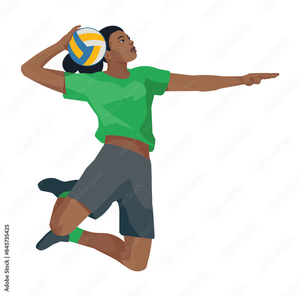 Fototapeta premium Girl figure of a high-jumping dark-skinned women's volleyball player in profile in a green T-shirt who aims and throws the ball forward
