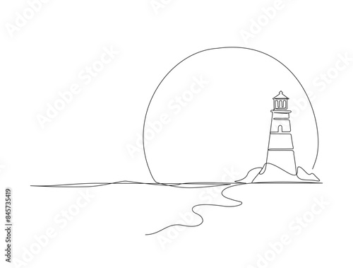 Continuous one line drawing of lighthouse tower with sunset. Simple illustration of castle hill tower, sea scape line art vector illustration