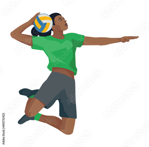 Girl figure of a high-jumping dark-skinned women's volleyball player in profile in a green T-shirt who aims and throws the ball forward