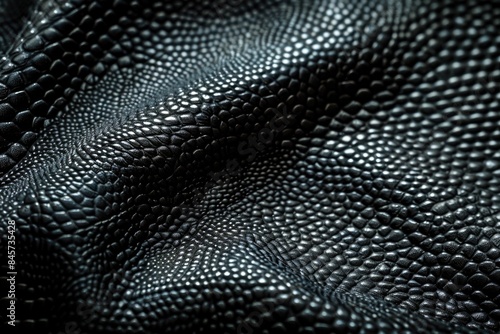 A close-up shot of black leather material with fine grain texture