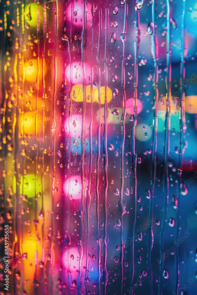 Obraz premium A wet and rainy day outside, captured through a window with raindrops glistening in the light
