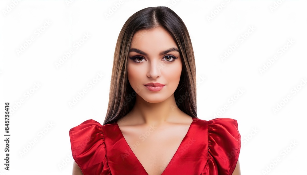 Beautiful woman in an red dress isolated on white background. She has a serious expression on her face Beautiful woman in an red dress isolated on white background. She has a serious expression on her face