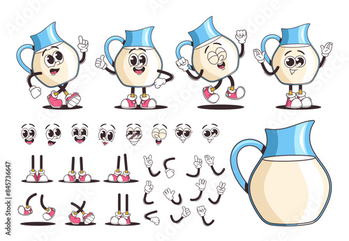 Fun And Lively Retro Cartoon Dairy Milk Jug Character With Various Facial Expressions, Limbs, And Accessories