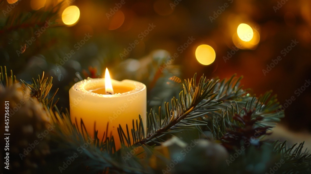 Golden candle with glitter on a pine branch in front of a golden glittering background. Concept of Christmas, holidays, festive decoration, celebration. Copy space Golden candle with glitter on a pine branch in front of a golden glittering background. Concept of Christmas, holidays, festive decoration, celebration. Copy space
