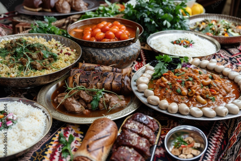 Many plates of food on a table with different foods, arabic traditional meal Many plates of food on a table with different foods, arabic traditional meal