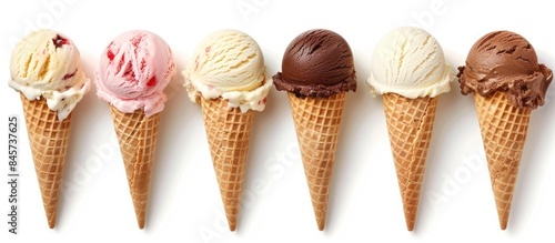 Collection of ice cream scoops in cones with chocolate, vanilla, and strawberry on a white background, featuring a clipping path.