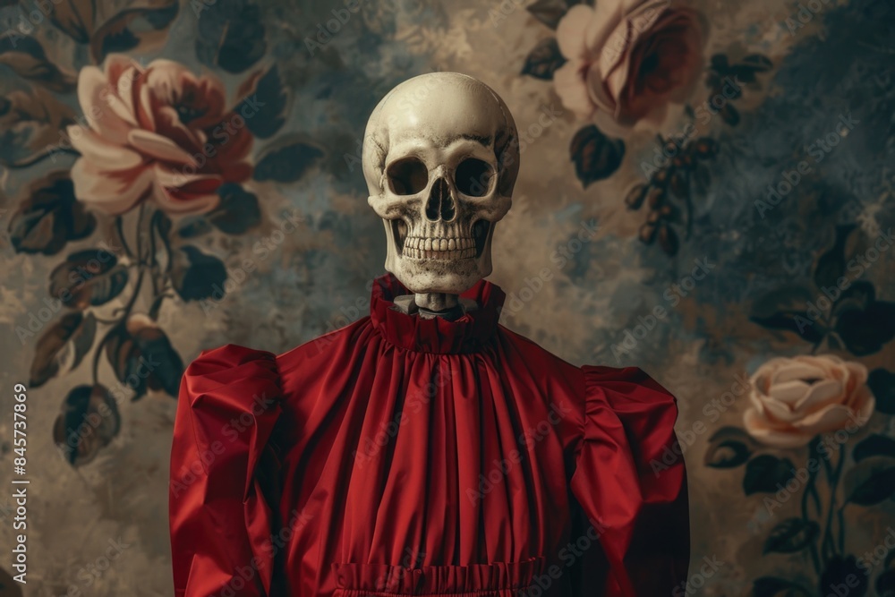 A skeleton dressed in a red gown with roses adorning the walls, creating a unique and eerie atmosphere A skeleton dressed in a red gown with roses adorning the walls, creating a unique and eerie atmosphere