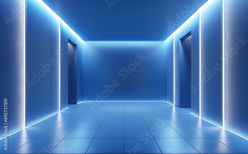 A modern, neon-lit futuristic hallway with blue lighting, displaying a sleek and clean architectural design. Perfect for sci-fi themes. © Kakabe