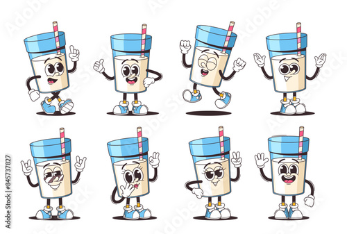 Funny And Adorable Cartoon Milk Glass Character, Dairy Product Animation In Different Expressive Poses, Vector Set