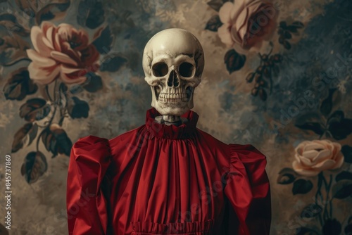 A skeleton dressed in a red gown with roses adorning the walls, creating a unique and eerie atmosphere © Fotograf