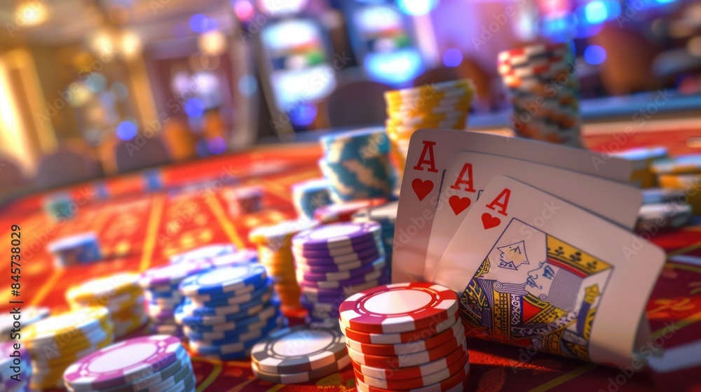 A casino table with chips and cards on it, perfect for illustrating a game night or a night out at the casinos A casino table with chips and cards on it, perfect for illustrating a game night or a night out at the casinos