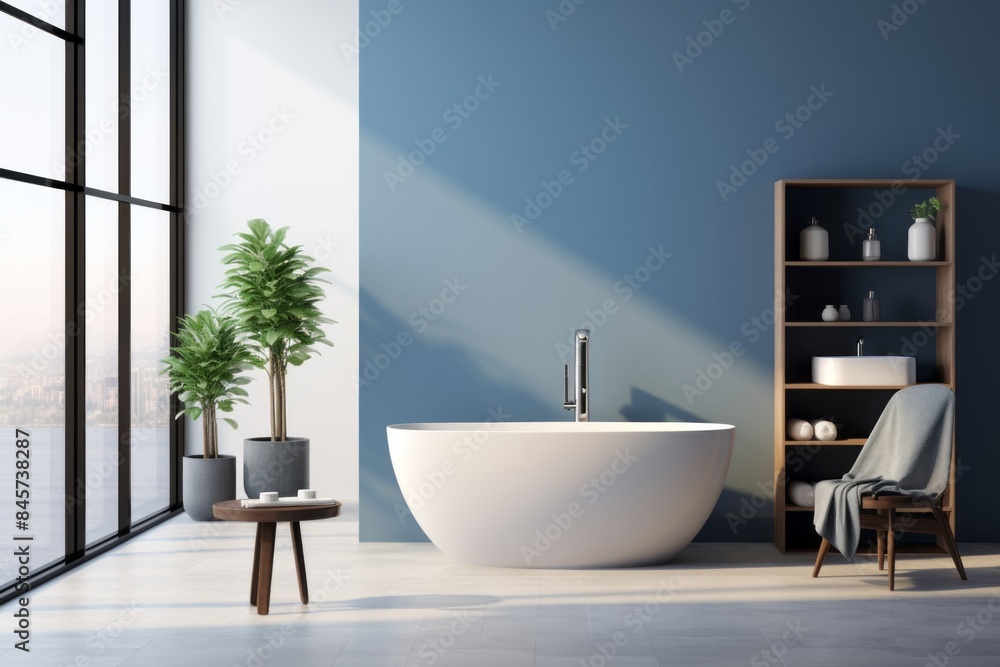 Fototapeta premium Modern stylish bathroom with white toilet bathtub and dark blue walls in a minimalist style at simple apartment of hotel room or spa center. Interior design concept