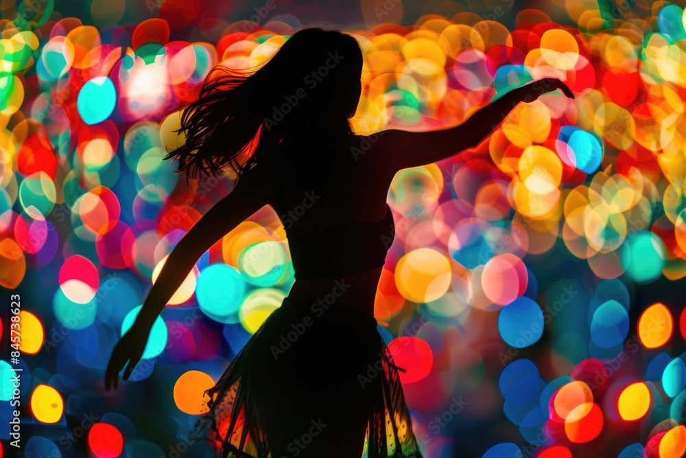 A woman wearing a hula skirt and dancing in front of colorful lights A woman wearing a hula skirt and dancing in front of colorful lights