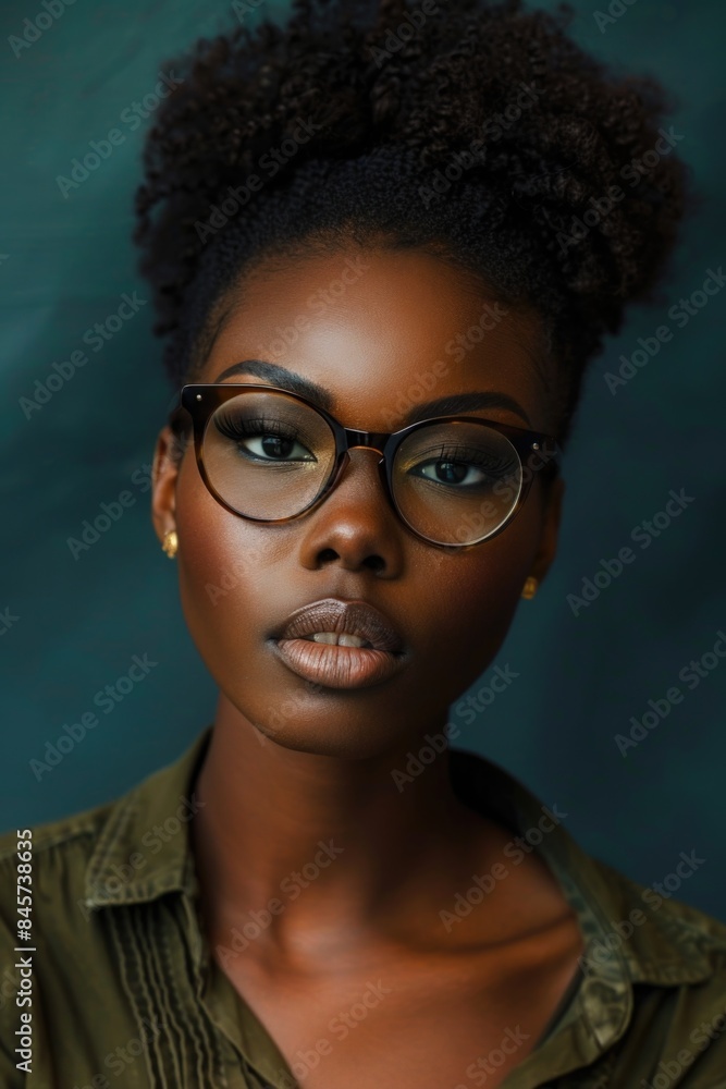 A woman wearing glasses and a green shirt, suitable for use in articles about education or fashion A woman wearing glasses and a green shirt, suitable for use in articles about education or fashion