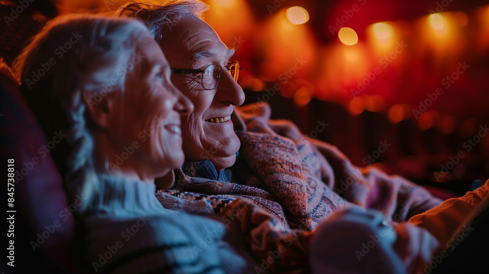 A touching scene of an elderly couple, surrounded by the soft ambiance of a movie theater, watching a film that brings back cherished memories. Ai generated A touching scene of an elderly couple, surrounded by the soft ambiance of a movie theater, watching a film that brings back cherished memories. Ai generated