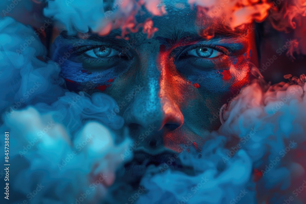 A woman with blue and red paint on her face, suitable for artistic or cultural themes A woman with blue and red paint on her face, suitable for artistic or cultural themes