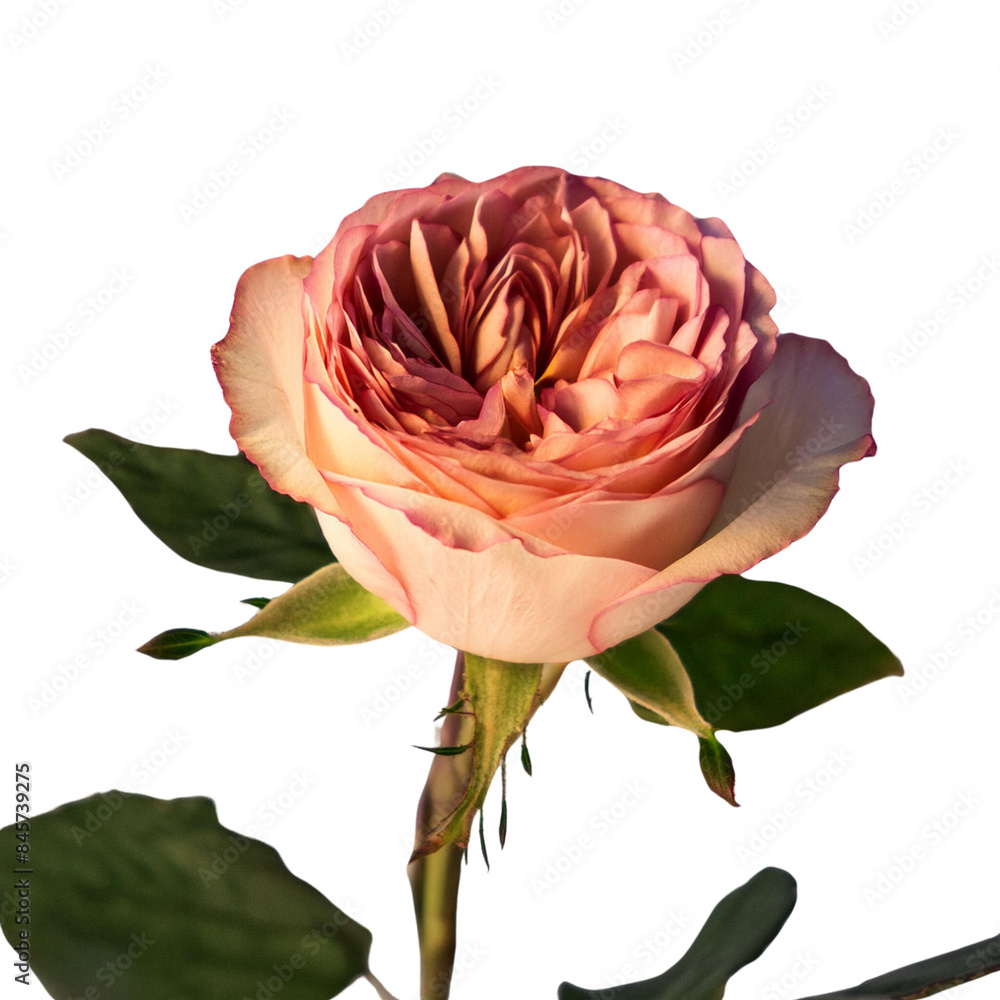 a single pink rose with a green stem and leaves, set against a black background. a single pink rose with a green stem and leaves, set against a black background.