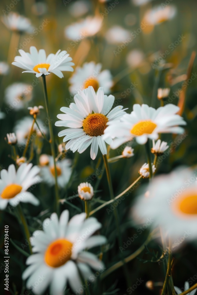 Fototapeta premium A sunny meadow filled with white daisies and bright yellow centers, perfect for spring or country-themed projects