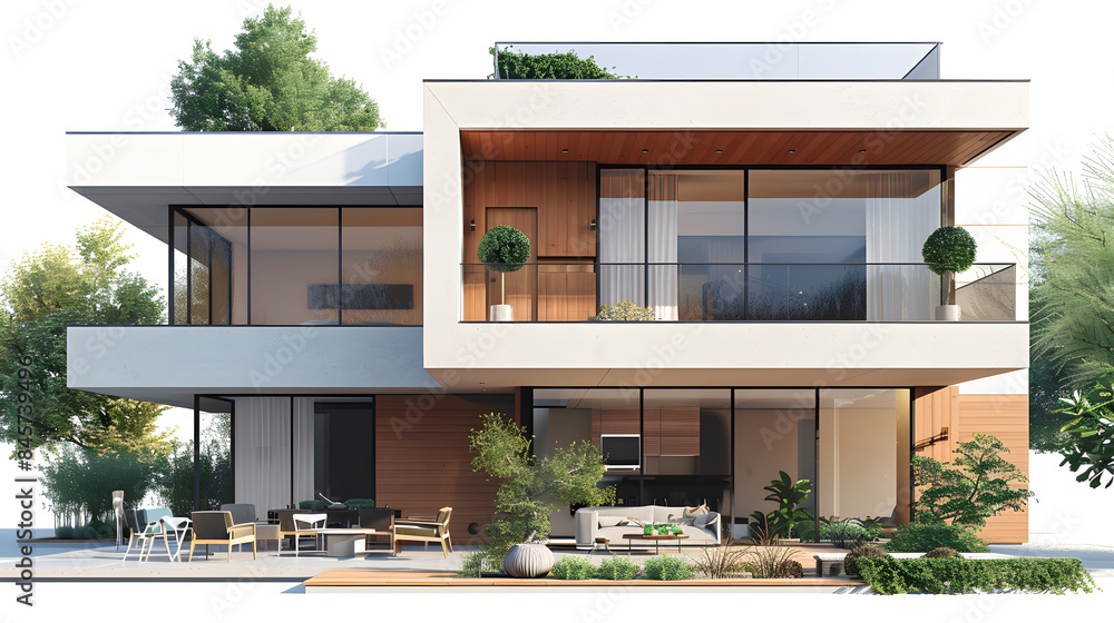 Exterior image of a new modern house with large windows with a garden Exterior image of a new modern house with large windows with a garden