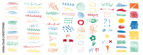 Grunge crayon hand drawn scribbles and scrawls vector set. Children hand drawn sketch, bold charcoal freehand stripes, crazy hatches and paint shapes. Each element is united and isolated. 