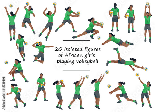 African women's volleyball girls team players in green T-shirts training, running, jumping, throwing, hitting the ball