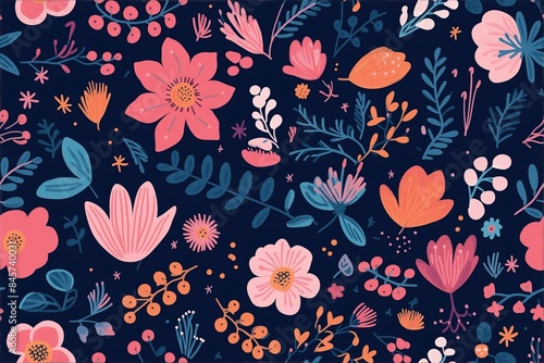 Seamless floral pattern with vibrant folk flowers on dark background