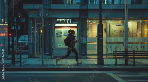 Wallpaper Mural A woman with a backpack runs along a city street at night. The storefront windows of a building are visible behind her. Torontodigital.ca