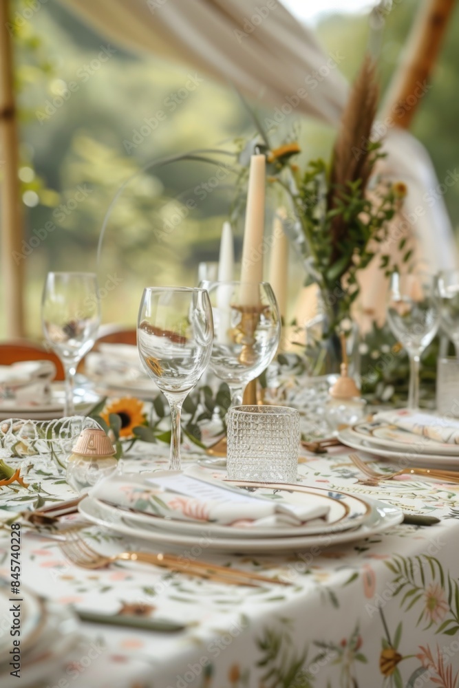 A elegant table setting with flowers and candles, perfect for a special occasion or romantic evening A elegant table setting with flowers and candles, perfect for a special occasion or romantic evening