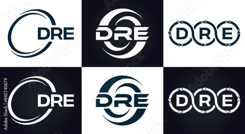 DRE logo. D R E design. White DRE letter. DRE, D R E letter logo design. D R E letter logo design in FIVE, FOUR, THREE, style. letter logo set in one artboard. D R E letter logo vector design.