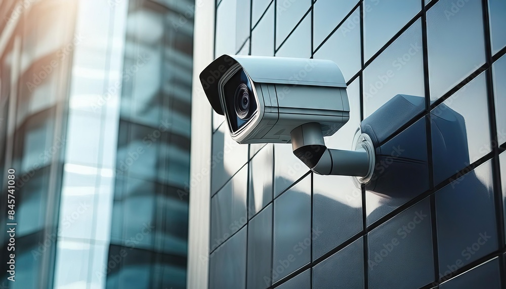close-up of a security camera on the wall of a modern business bulding on the street, copy space close-up of a security camera on the wall of a modern business bulding on the street, copy space