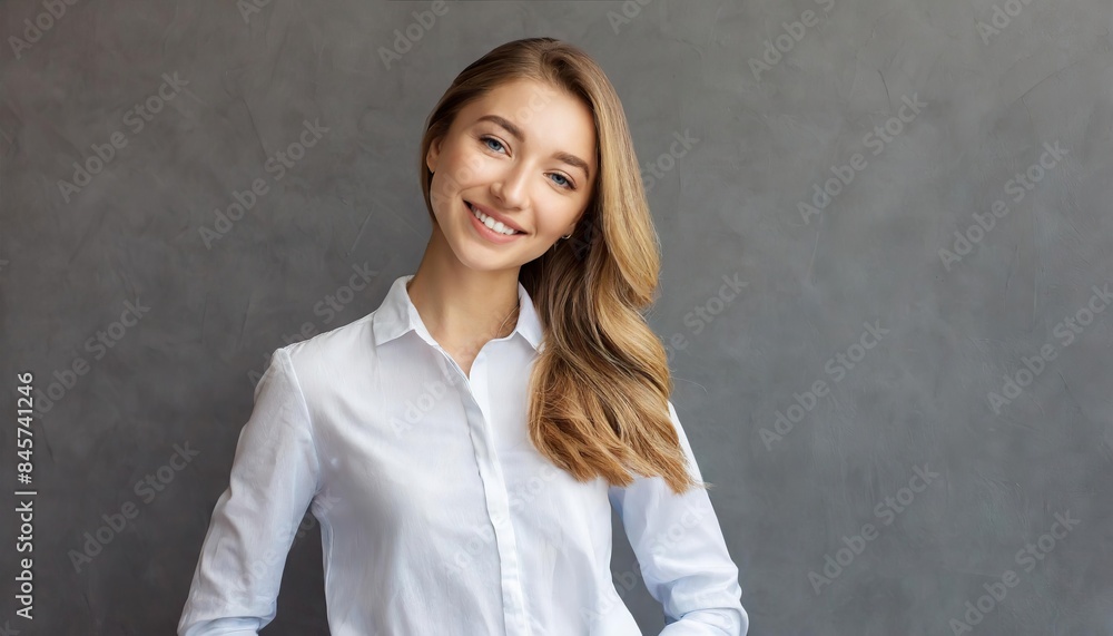 young woman with dark long hair in white shirt and jeans on gray background banner, relaxed and chilled, copy space young woman with dark long hair in white shirt and jeans on gray background banner, relaxed and chilled, copy space