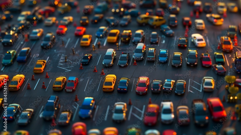 Obraz premium An aerial view of a parking lot filled with cars at sunset, the light reflecting off the vehicles.