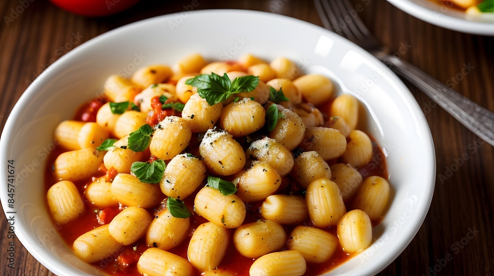 A delectable bowl of gnocchi pasta served with a rich tomato sauce, garnished with fresh basil leaves and a sprinkling of grated Parmesan cheese A delectable bowl of gnocchi pasta served with a rich tomato sauce, garnished with fresh basil leaves and a sprinkling of grated Parmesan cheese