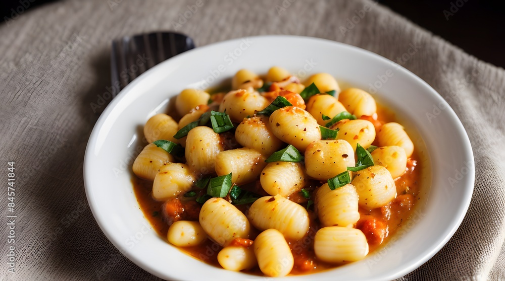 A delectable bowl of gnocchi pasta served with a rich tomato sauce, garnished with fresh basil leaves and a sprinkling of grated Parmesan cheese A delectable bowl of gnocchi pasta served with a rich tomato sauce, garnished with fresh basil leaves and a sprinkling of grated Parmesan cheese