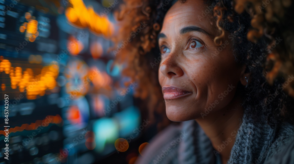 A woman gazes intently at a holographic screen displaying a family reunion. A woman gazes intently at a holographic screen displaying a family reunion.