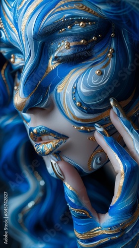 A woman with blue and white swirls painted on her face, gold accents, beautiful lips, long nails, jewelry, dark background, painted in the style of a hyper realistic artist 