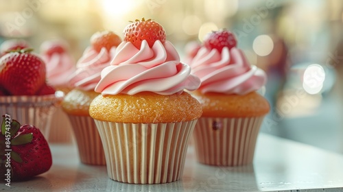 Delicious strawberry cupcakes topped with pink whipped cream and fresh strawberries. Ideal for bakery promotions and dessert advertisements