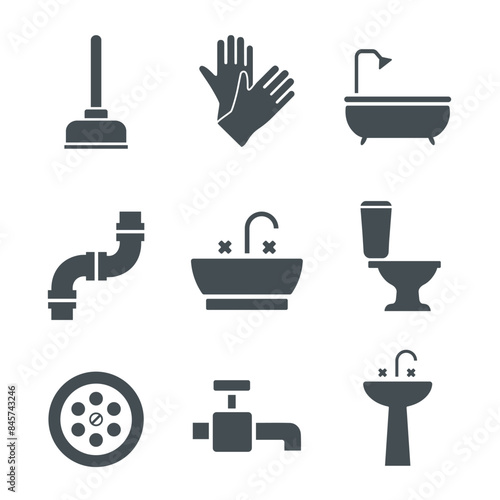 Plumbing icon set. Flat vector illustration. White background.