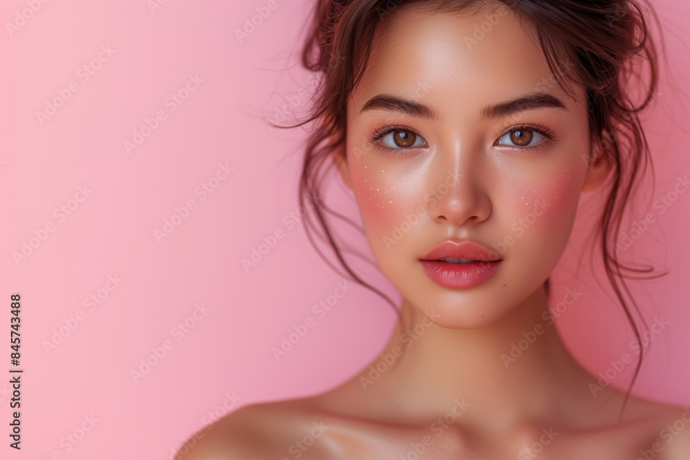 Beauty asian woman model showcasing moisturizing skincare, paper backdrop in studio, woman with a pink background and a pink face. She has a pink lip color Beauty asian woman model showcasing moisturizing skincare, paper backdrop in studio, woman with a pink background and a pink face. She has a pink lip color