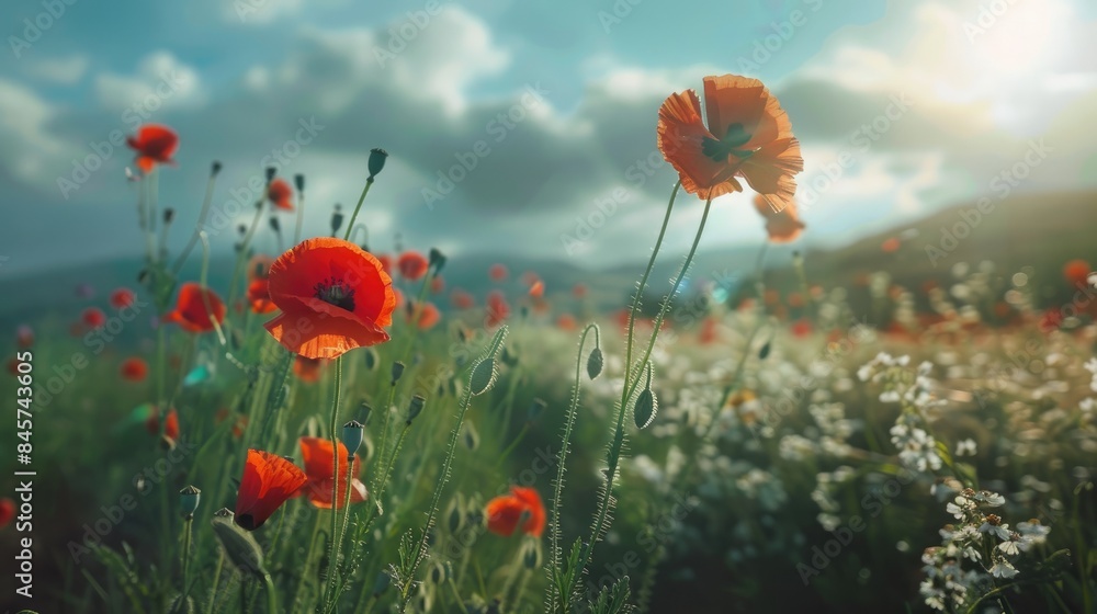 Fototapeta premium Red Poppies Blooming in a Wildflower Field on Women s Day